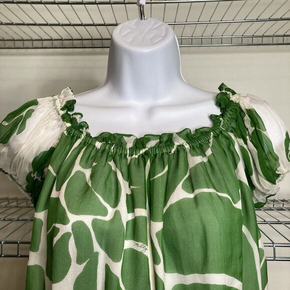Milly Womens Green White Floral Silk Blouse Size 2 Peasant Boho Whimsical Modern - Picture 8 of 11